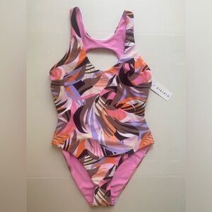 KIKIRIO Reversible Cut Out One Piece Swimsuit Size M NWT Pink Tropical Print Y2K